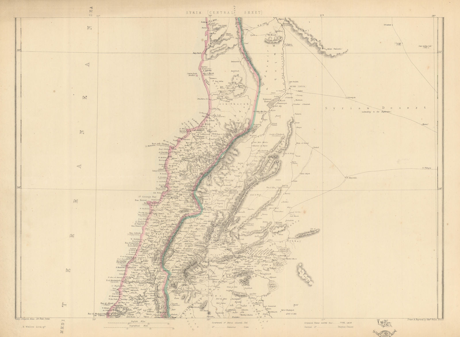BEIRUT & DAMASCUS PROVINCES Syria Lebanon Tripoli Homs.WELLER Dispatch 1863 map